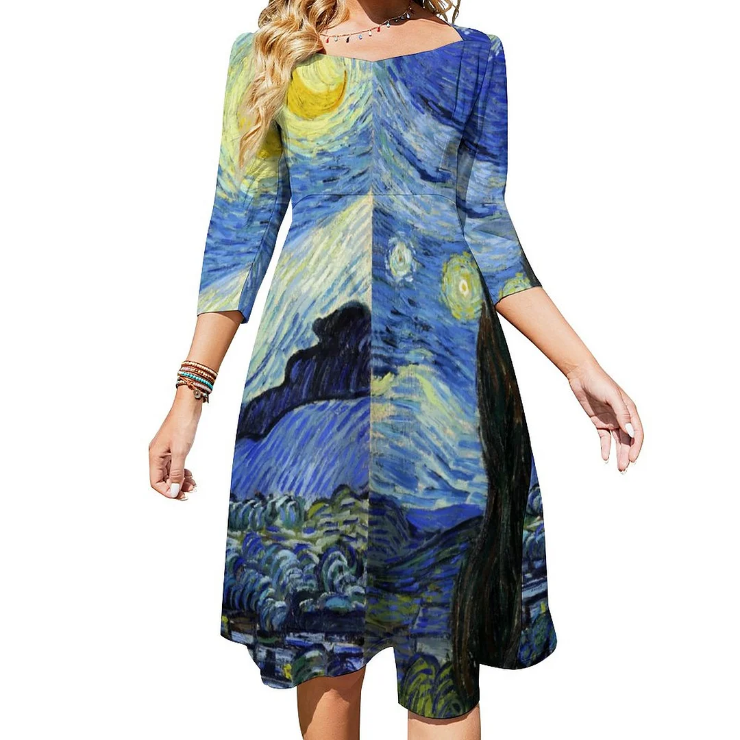 Starry Night By Van Gogh Dress Sweetheart Tie Back Flared 3/4 Sleeve Midi Dresses