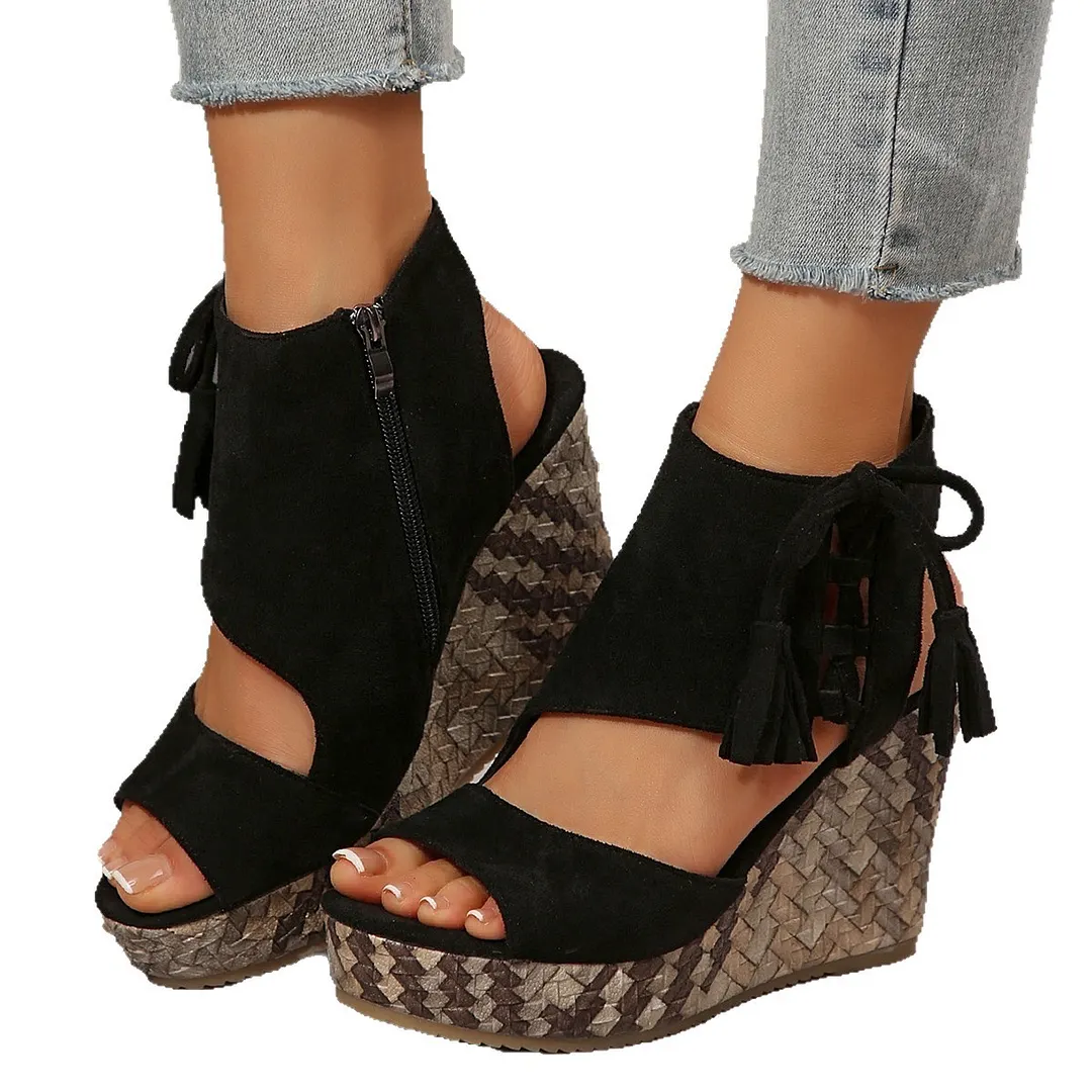 Breakj Breakj Summer New Women's Slope And Thick-Soled Sandals Large-Size Fish Mouth Suzu Side Zipper Sandals