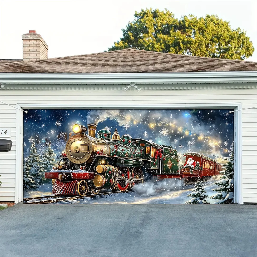 Garage Door Banner Decoration - Santa’s Sleigh on Rails The Enchanted Christmas Train Adventure