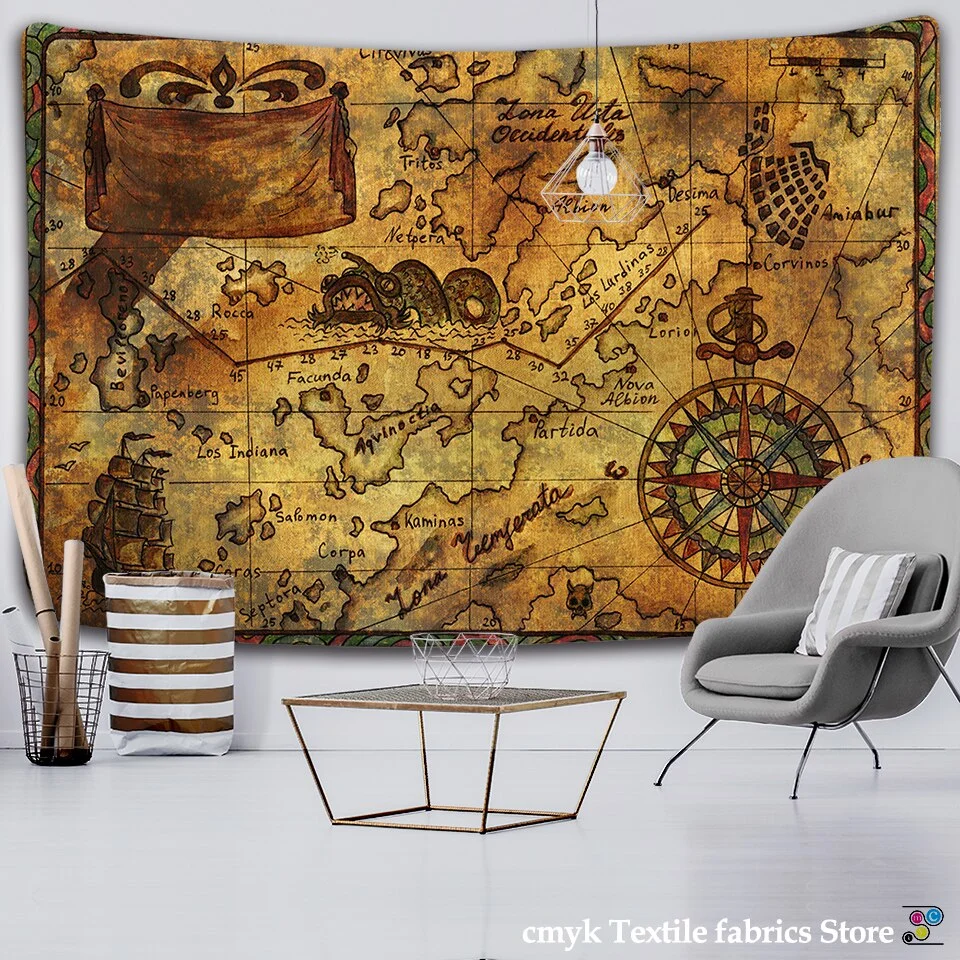 Nigikala World Map 3D Print Fabric Geometric Colorful Compass Wall Hanging Tapestry Retro Oil Painting Pirate Treasure Map