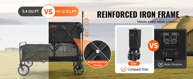 Product Introduction of VEVOR Foldable Double Decker Wagon. Collapsible Wagon Cart with All-Terrain Wheels. Heavy Duty Folding Wagon Cart  for Camping. Shopping. Garden. 52" Extra Long Extender 3