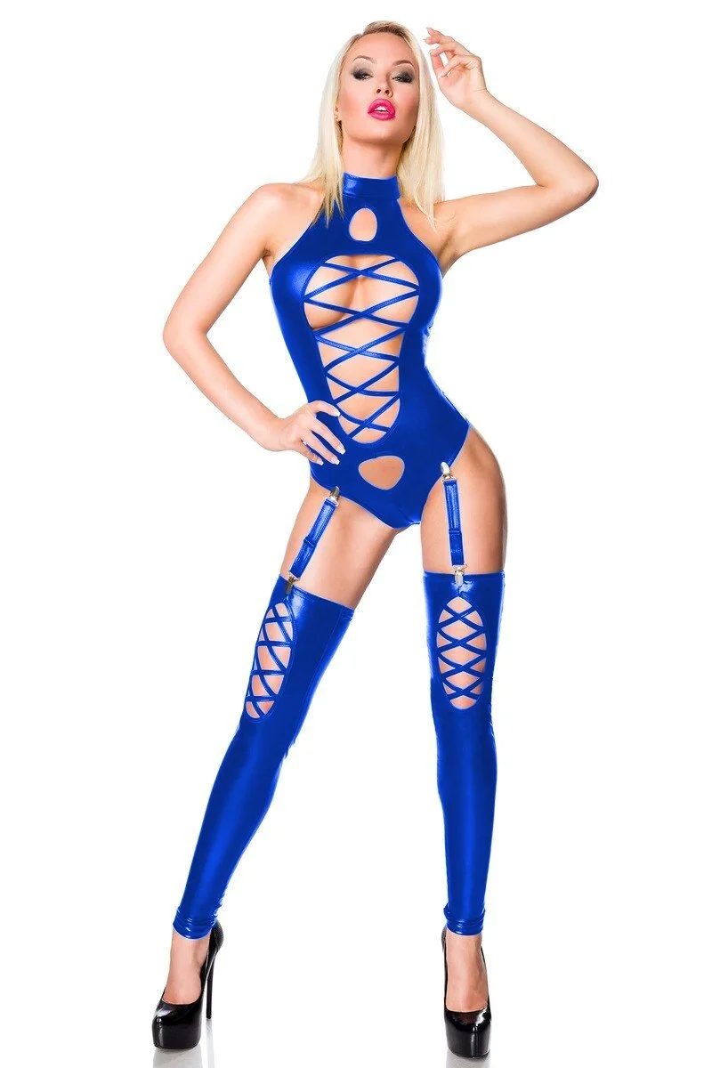 Women  PVC Hollow Out Faux Leather Lace Up Zentai Catsuit Wetlook Jumpsuit Erotic Lingerie PU Bodysuit Pole Dance Clubwear