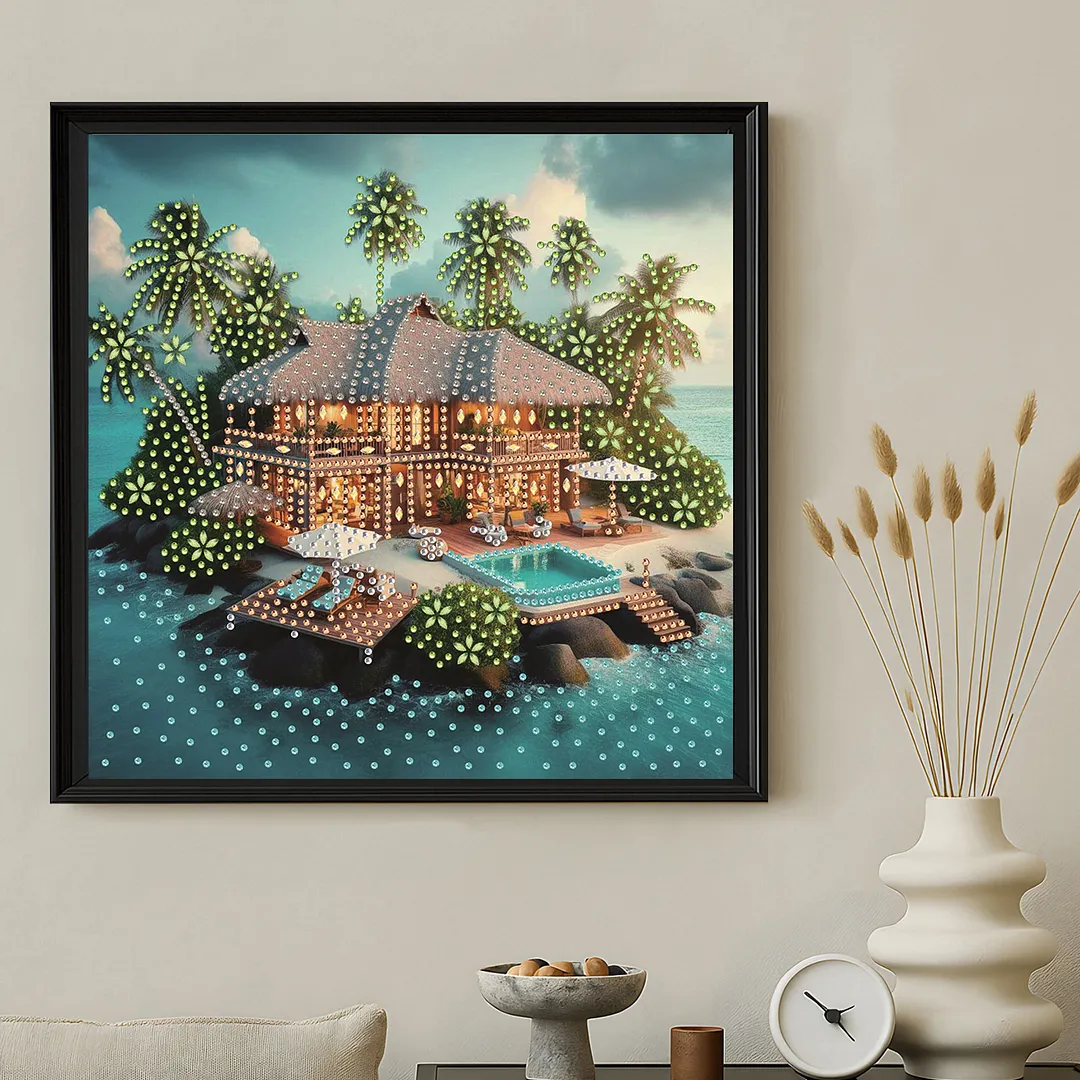Tropical Beach Villa Special Shaped DIY Partial Drill Diamond Painting Kits for Adults Beginners Home Decor Diamonds Paintings Gem Art 30x30cm