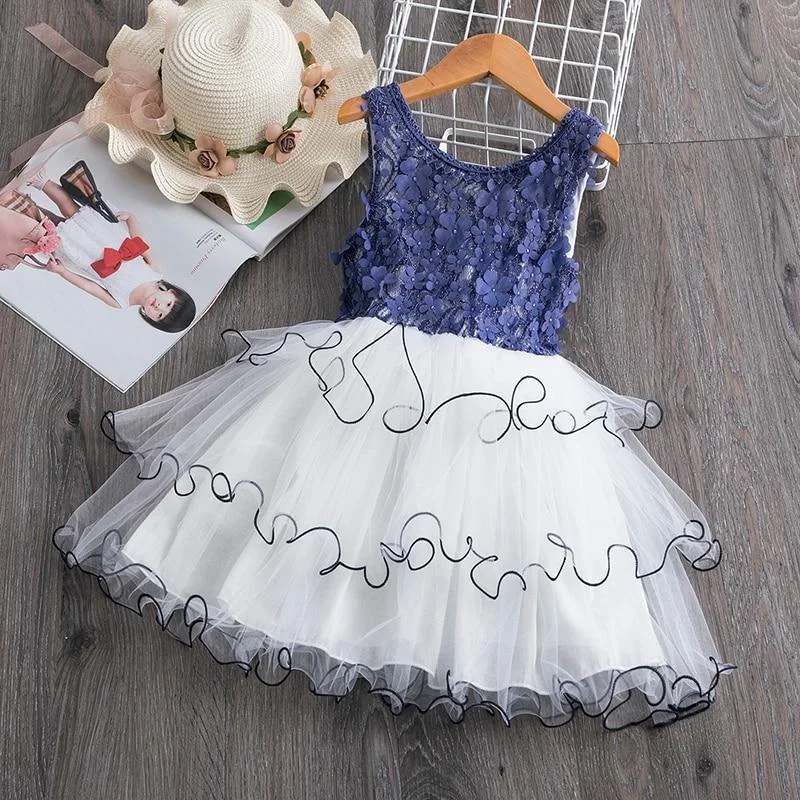 Summer Toddler Girls Lace Cake Dress Kids Sleeveless Floral Mesh Wedding Dresses Children Clothing For Baby Girls 3 to 8 Years