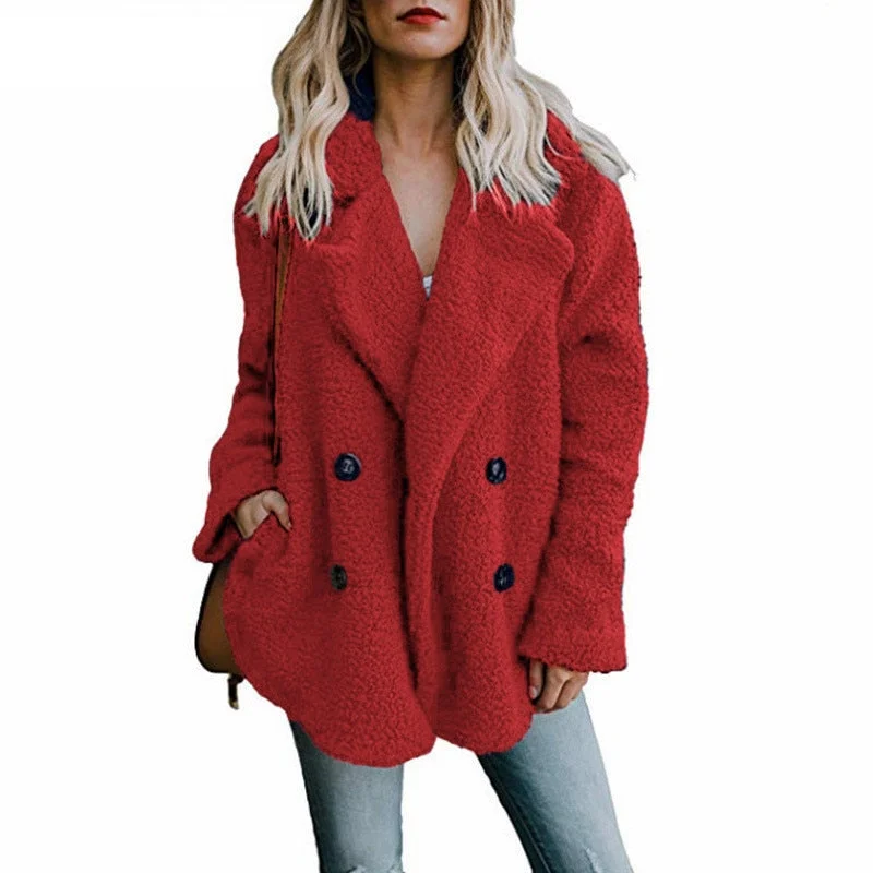 2021 Winter Woman Thick Warm Teddy Coat Lapel Long Sleeve Fluffy Hairy Fake Fur Jackets Female Button Pockets Oversized Overcoat