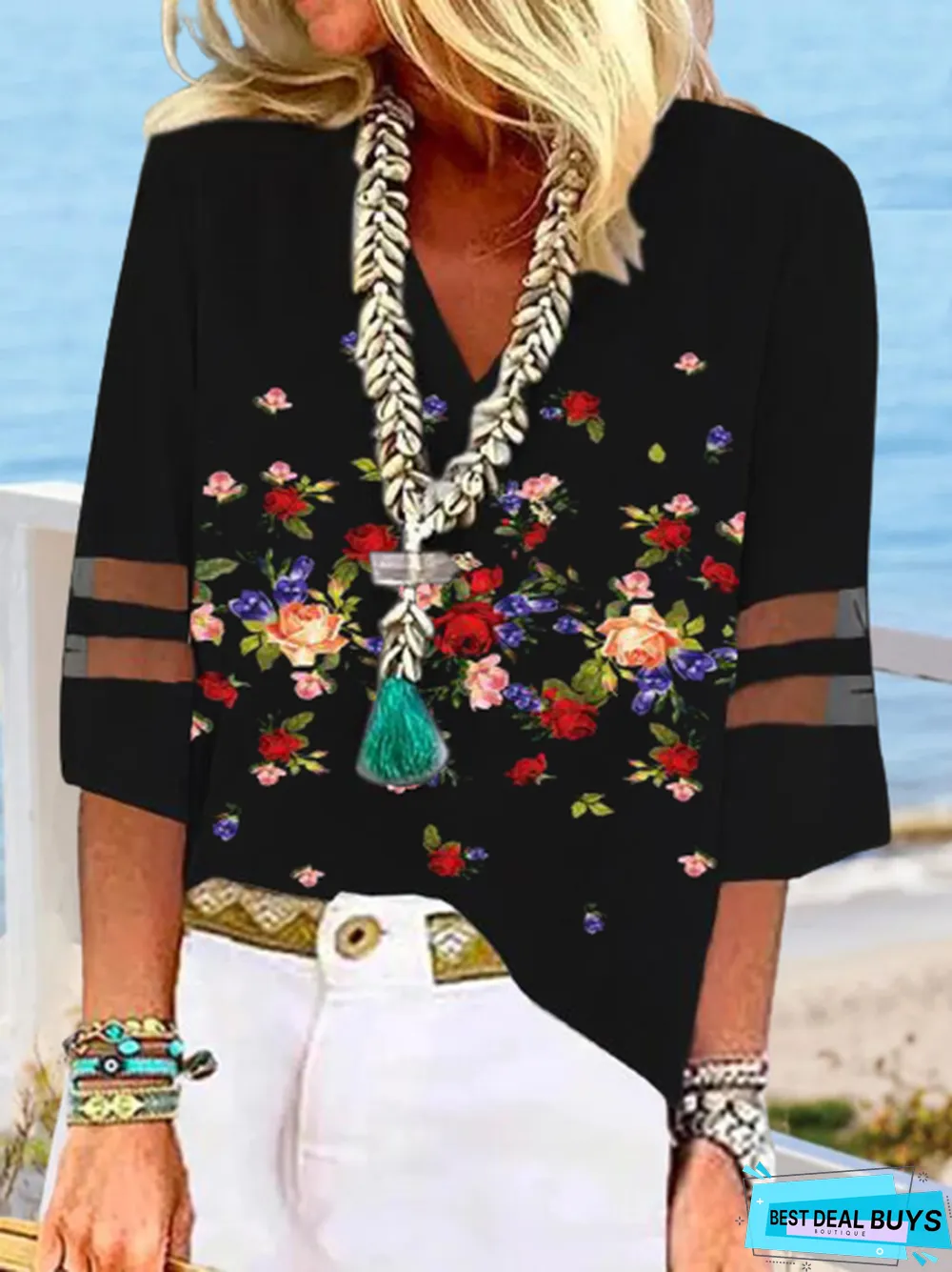 Women's Holiday Weekend V Neck Floral Three Quarter Sleeve Loose Casual Tops