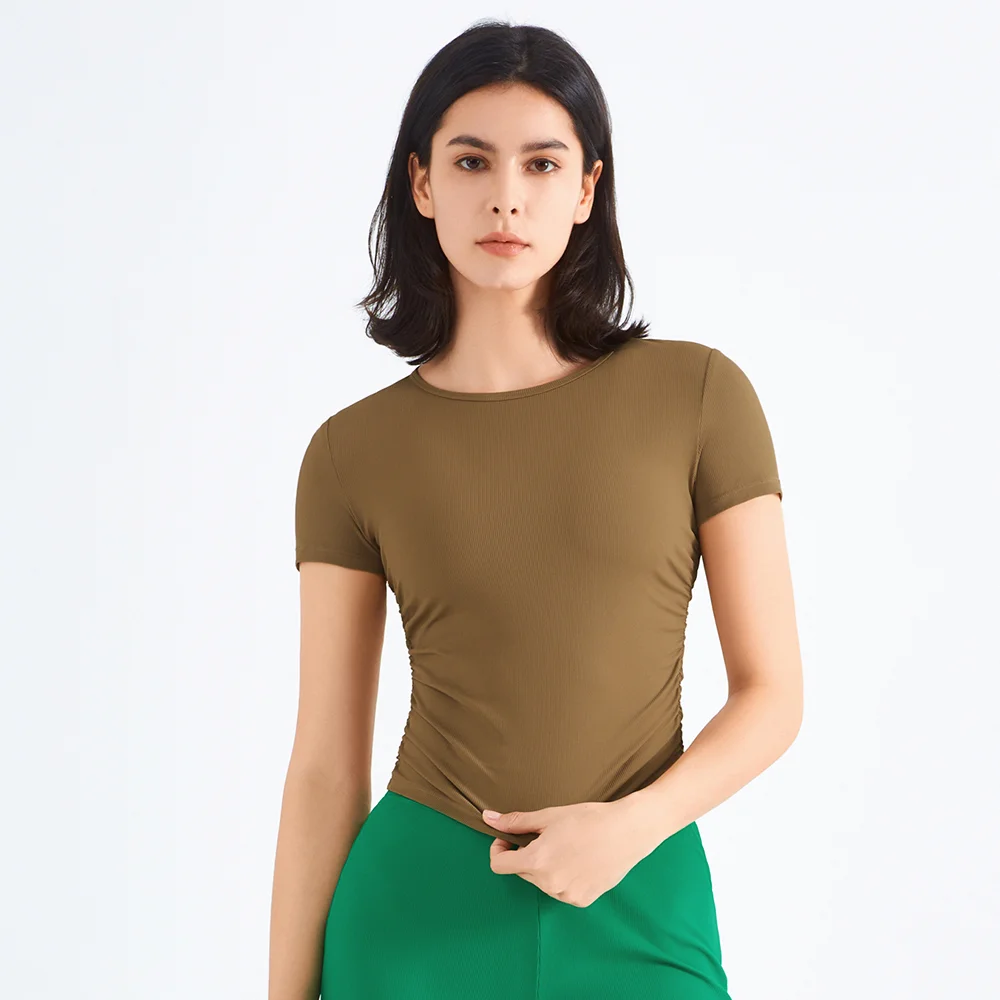 Hergymclothing deep khaki quick dry ruched side short sleeve comfortable cool workout gym t shirt for sale