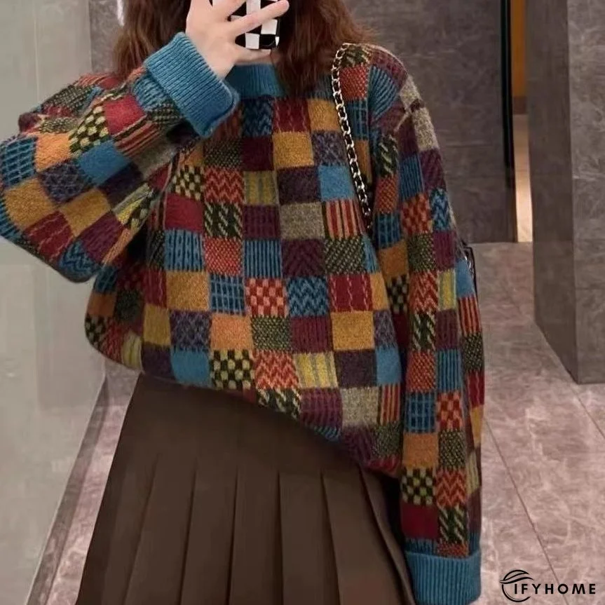 Women's Fashion Vintage Plaid Loose Retro Sweater | IFYHOME