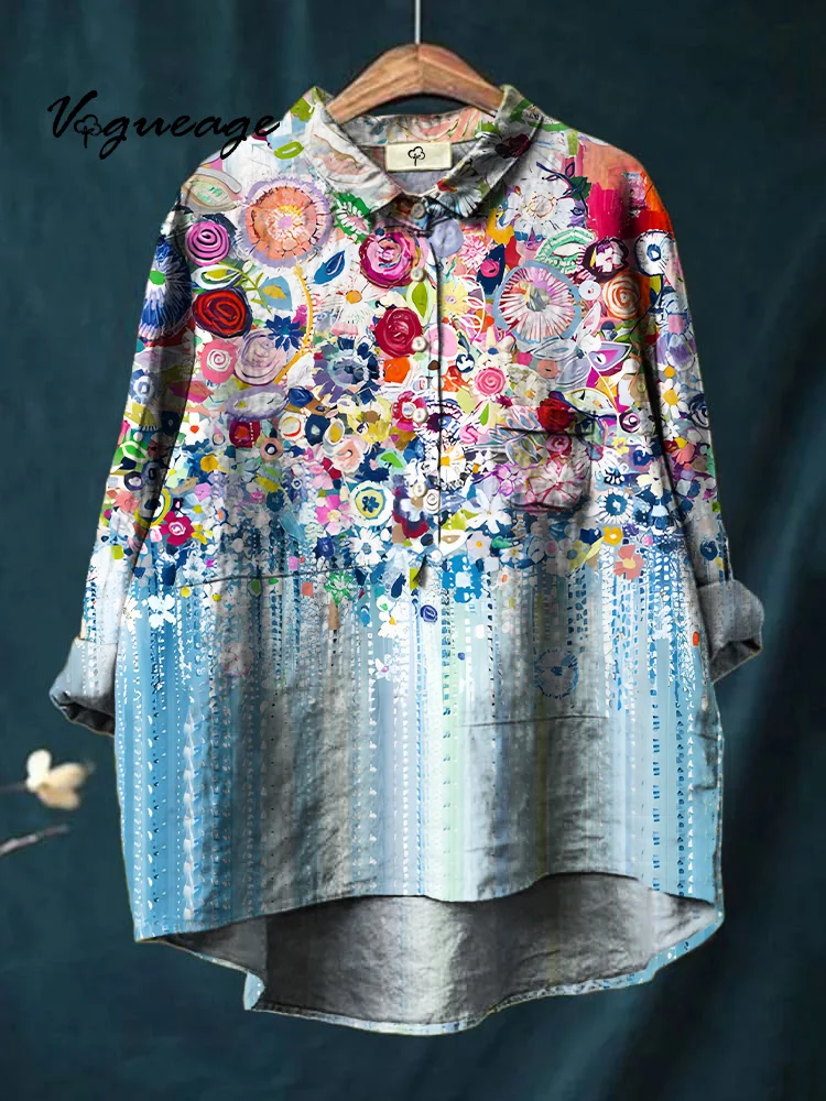 Bright Colorful Oil Painting Flowers Printed Cotton And Linen Shirt