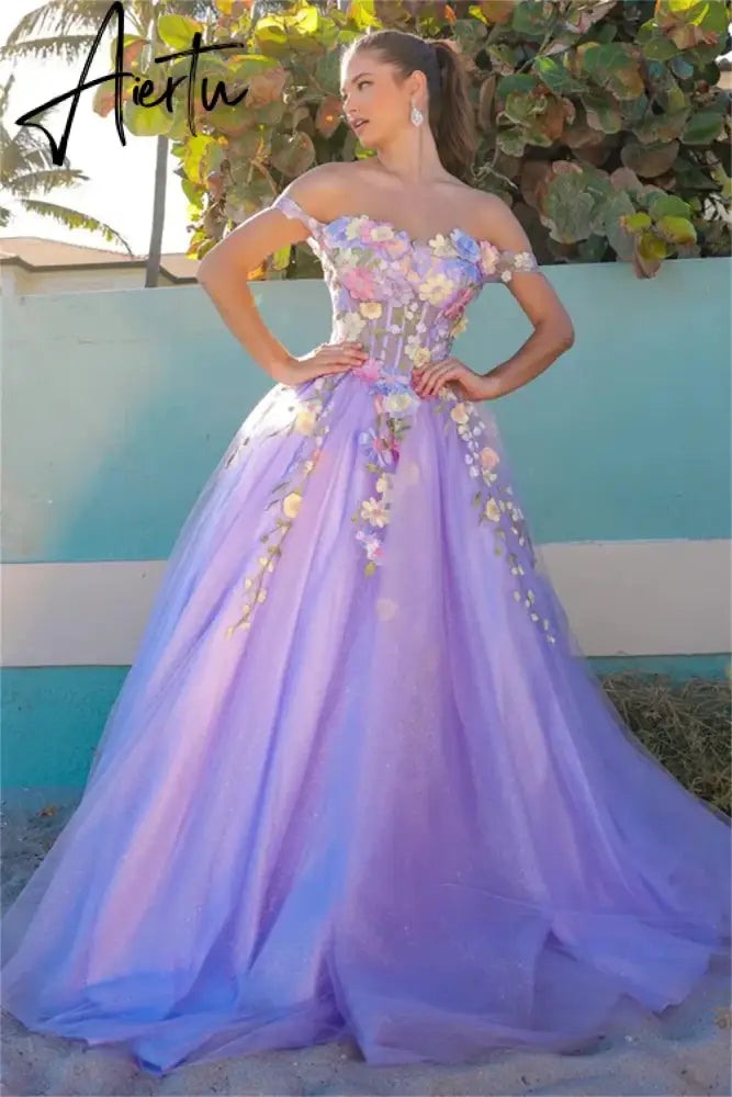 Aiertu   Lavender Purple Prom Dresses 3D Flower Embroidery Graduate Evening Dresses Glitter Tulle Wedding Dress Party Dresses 2024 Aiertu