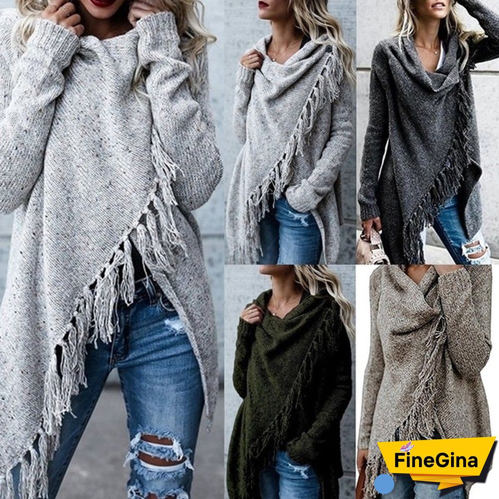 Fashion Women's Speckled Shawl Fringe Cardigan Knited Tassels Slash Sweater Coat Outwear