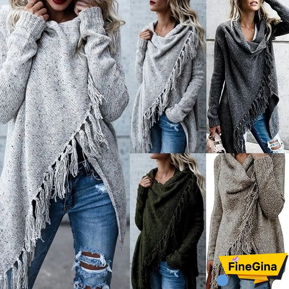 Fashion Women's Speckled Shawl Fringe Cardigan Knited Tassels Slash Sweater Coat Outwear