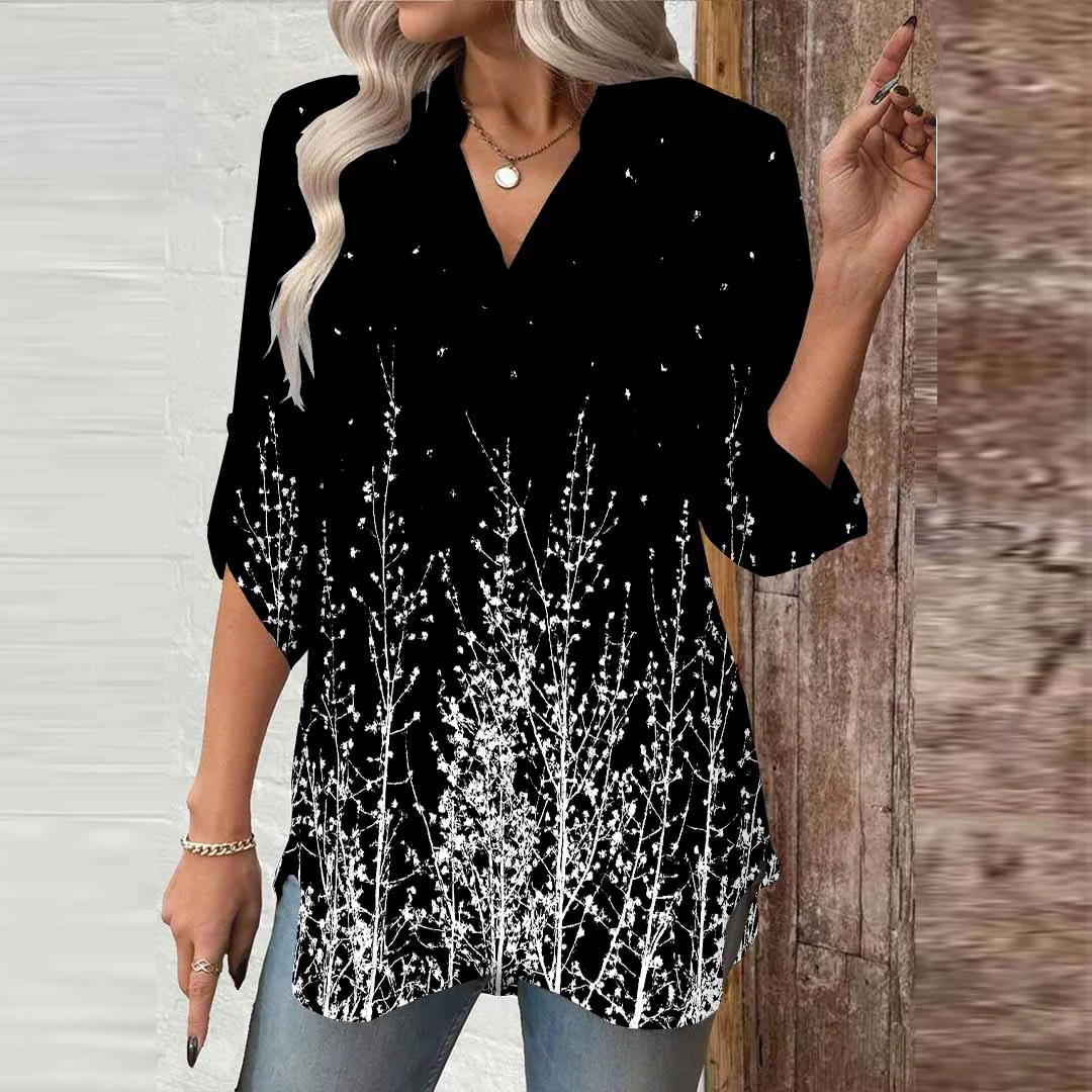 Women Leaves,White,Black DZGA0687 3/4 Sleeve V-neck Printed Graphic Button Tops
