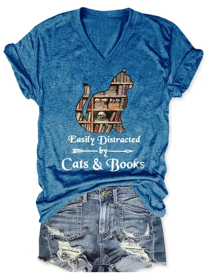 V-neck Easily Distracted By Cats And Books Print T-Shirt