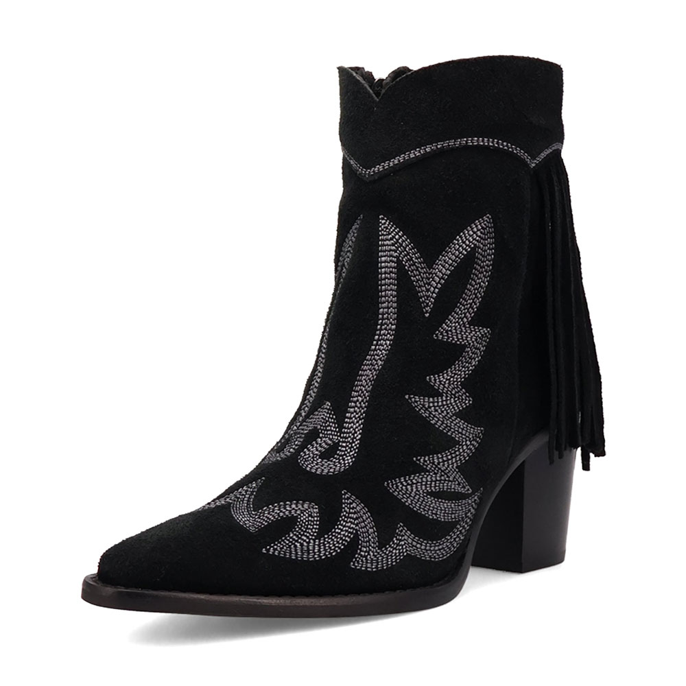 Short Snip Toe Block Heel Embroidered Black Cowboy Boots for Women Nicepairs