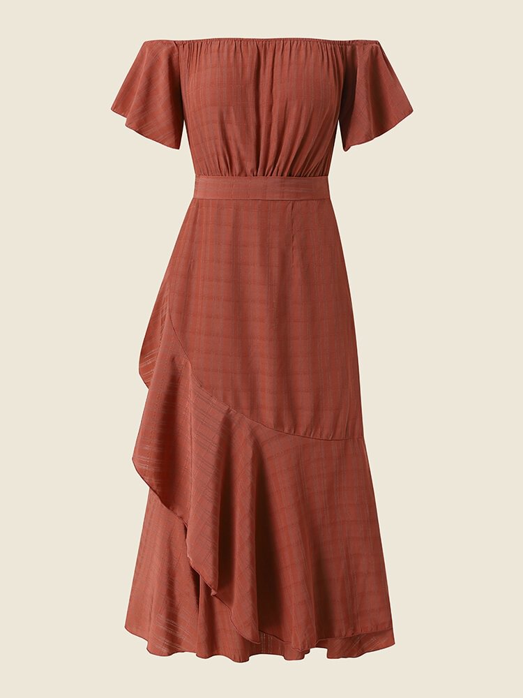 Solid Off Shoulder Tie Back Ruffle Asymmetrical Dress