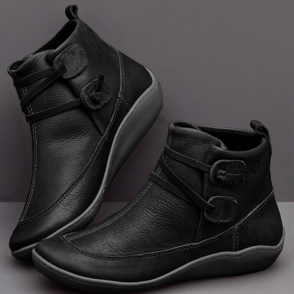 2020 Winter Women Ankle Boots Retro Punk PU Leather Plush Snow Boots Casual Strap Slip-On Waterproof Flat Shoes Short Booties