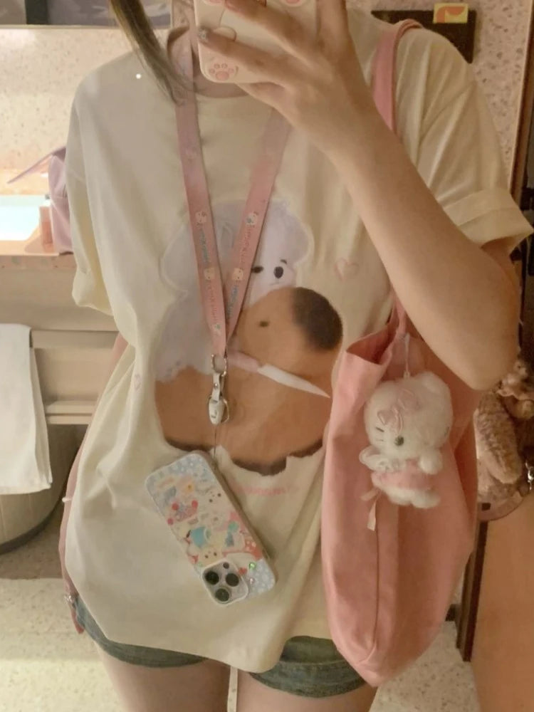 OLCooL Kawaii Anime Print T-shirts Women Animal Cartoon Japan Style Short Sleeve Tees Cotton Summer Fashion Cutecore Clothes olcool