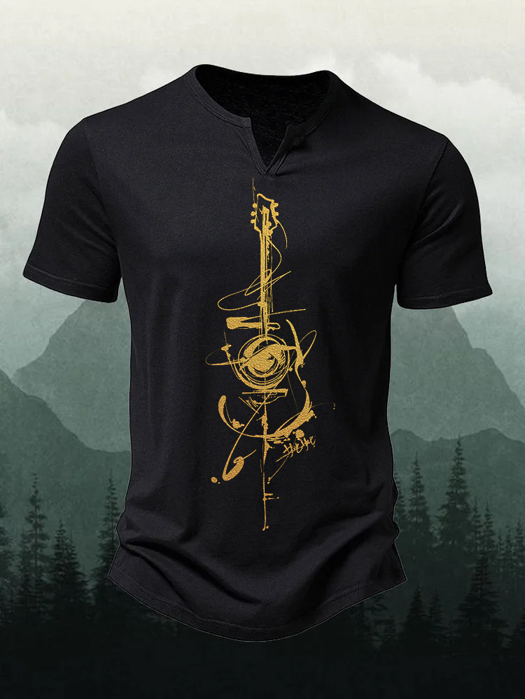 Men's Abstract Guzheng Calligraphy Print Short Sleeve V-neck Shirt