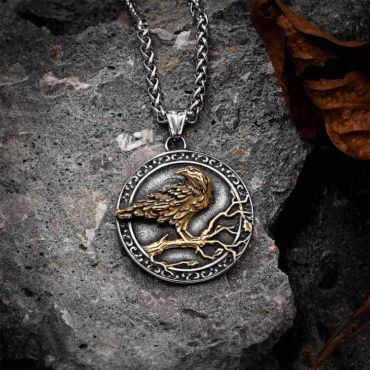 Coutureaura Vintage Embossed Raven Odin Necklace