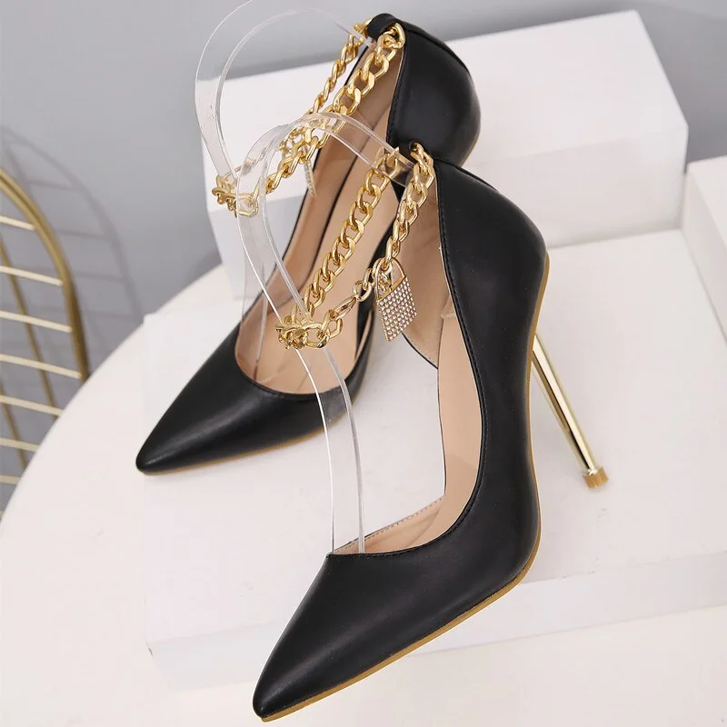 2021 Spring Summer Fashion Rhinestone Metal Chain Women Pumps Elegant Pointed toe Stiletto High Heels Shallow Office Lady Shoes