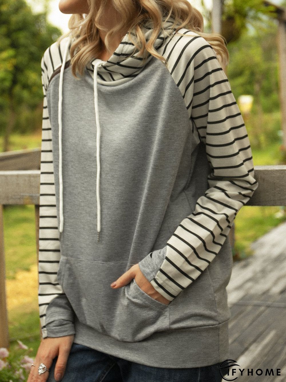 Gray Pockets Cotton-Blend Long Sleeve Sweatshirt | IFYHOME