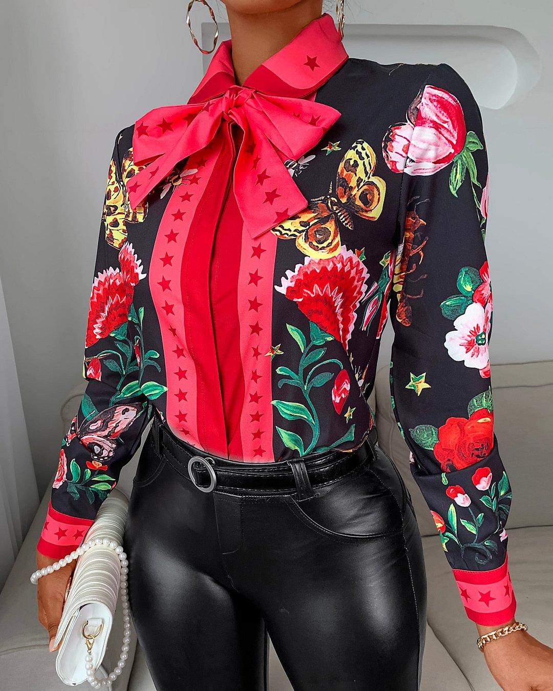 2020 Women Casual Autumn Turn-down Collar Chic Chiffon Blouse Tie Neck Floral Butterfly Print Long Sleeve Blouse Ladies Shirt