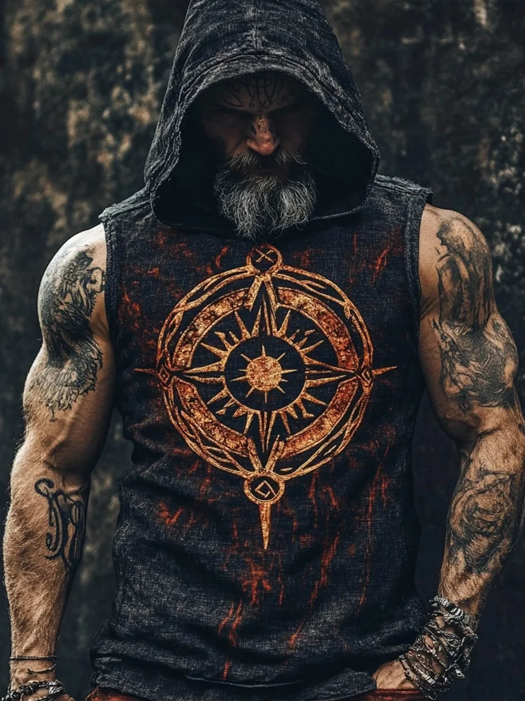 Men's Viking Tribal Print Art Compass Pattern Linen Sleeveless Hoodie / Rvogue / Rvogue