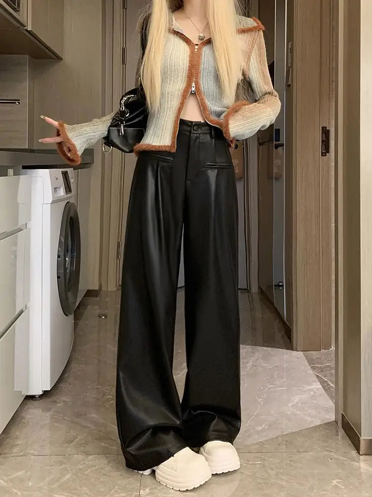 New White Casual Fashion Female Pu Wide Leg Pants Winter Black Office Lady Loose High Waist Simple Women Brown Leather Trousers Aiertu