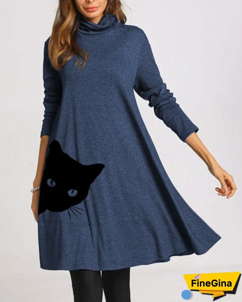 Cat Print Long Sleeve A-line Dresses