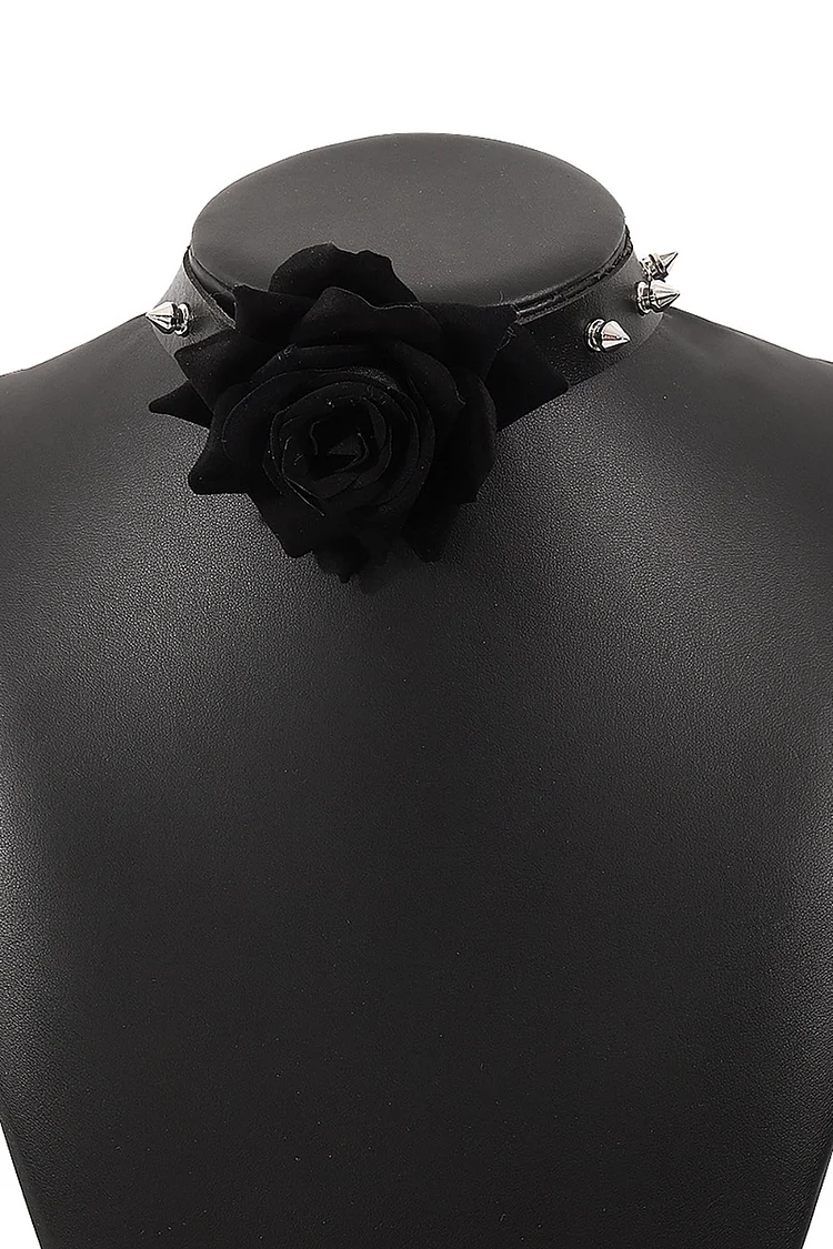 Punk Leather Stereo Rose Rivet Necklace