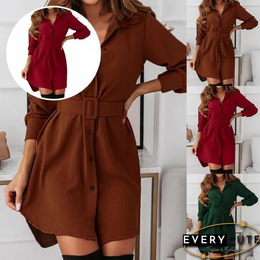 Dress Soft Turn-down Collar Casual Vintage Single-breasted Long Sleeve Mini Dress