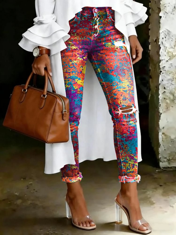 Women's Vintage Multicolor Totem Print Casual High-waisted Ripped Skinny Jeans