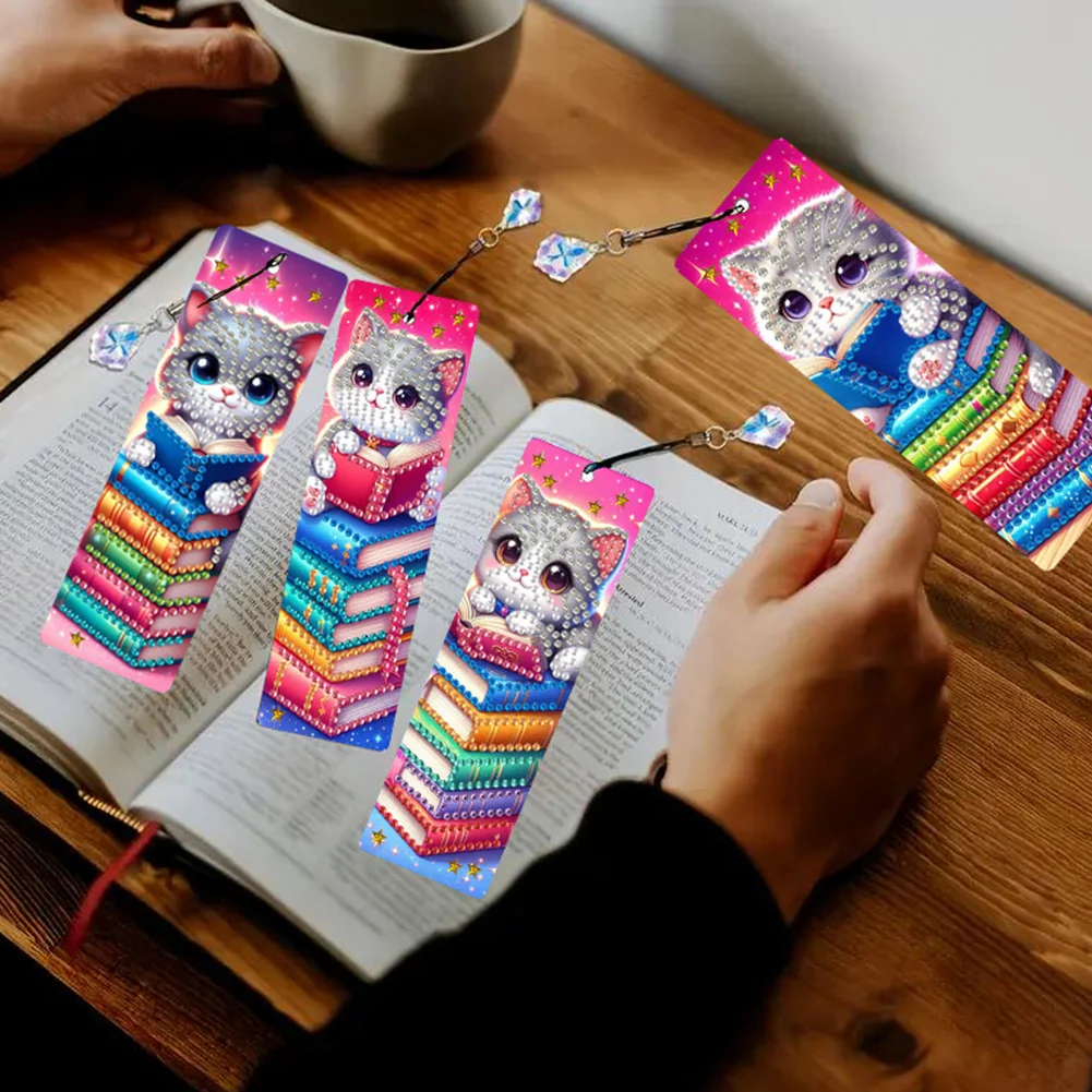 4Pcs DIY Cat Book Diamond Painting Bookmarks Diamond Art Bookmarks for Book Lovers 
