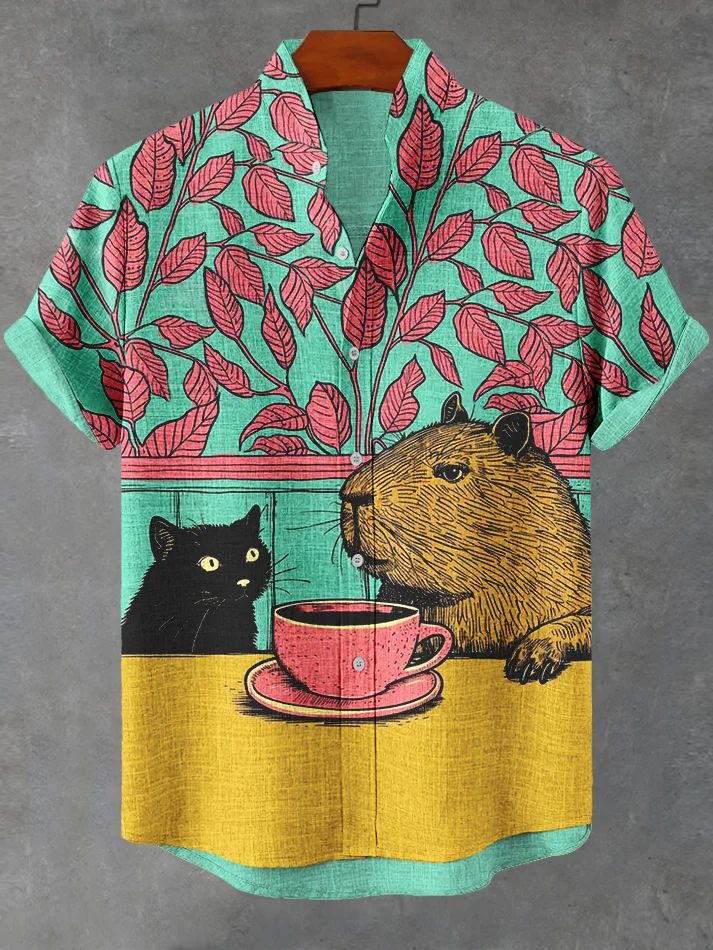 Men's Black Cat Capybara Coffee Print Casual Shirt