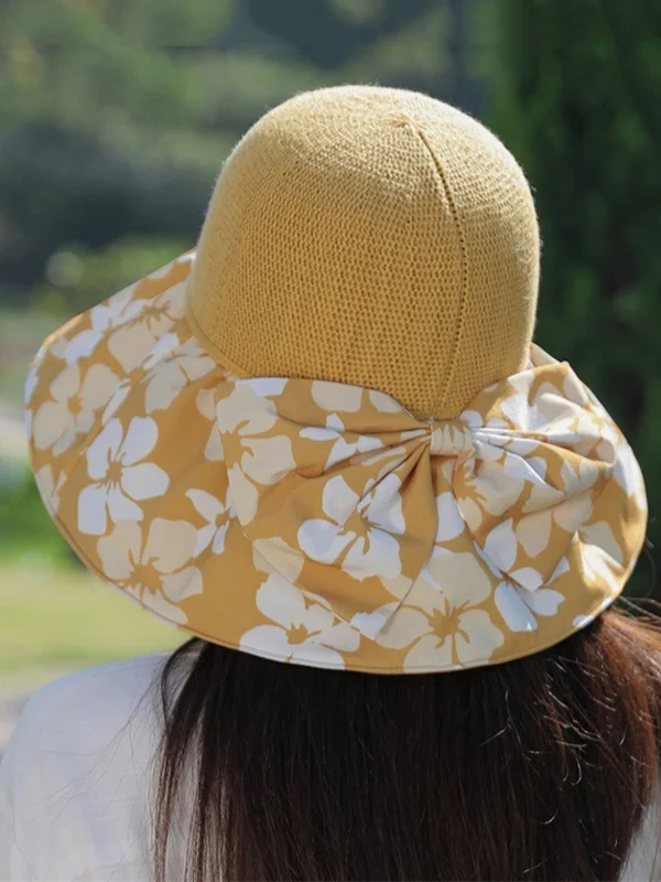 Bowknot Flower Print Pleated Split-Joint Sun Protection Fisherman Hat Sun Hat
