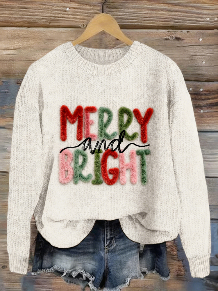 Christmas Merry And Bright Embroidered Cozy Knit Sweater elevenforest