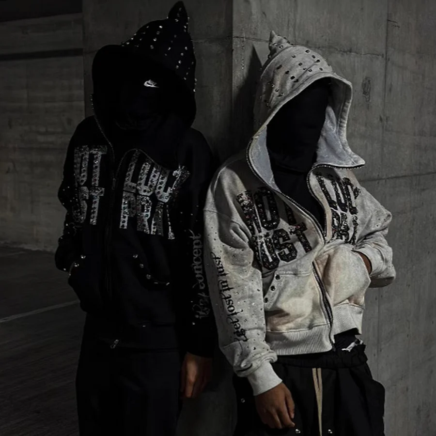 Street Rhinestone Lettering Warm Zip-up Hoodie