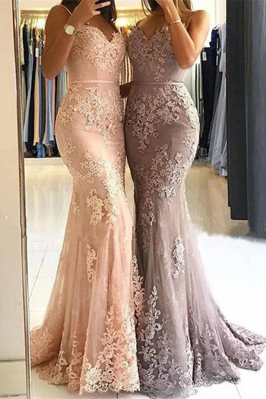 Bellasprom Spaghetti-Straps Appliques Evening Dress Long Mermaid Lace