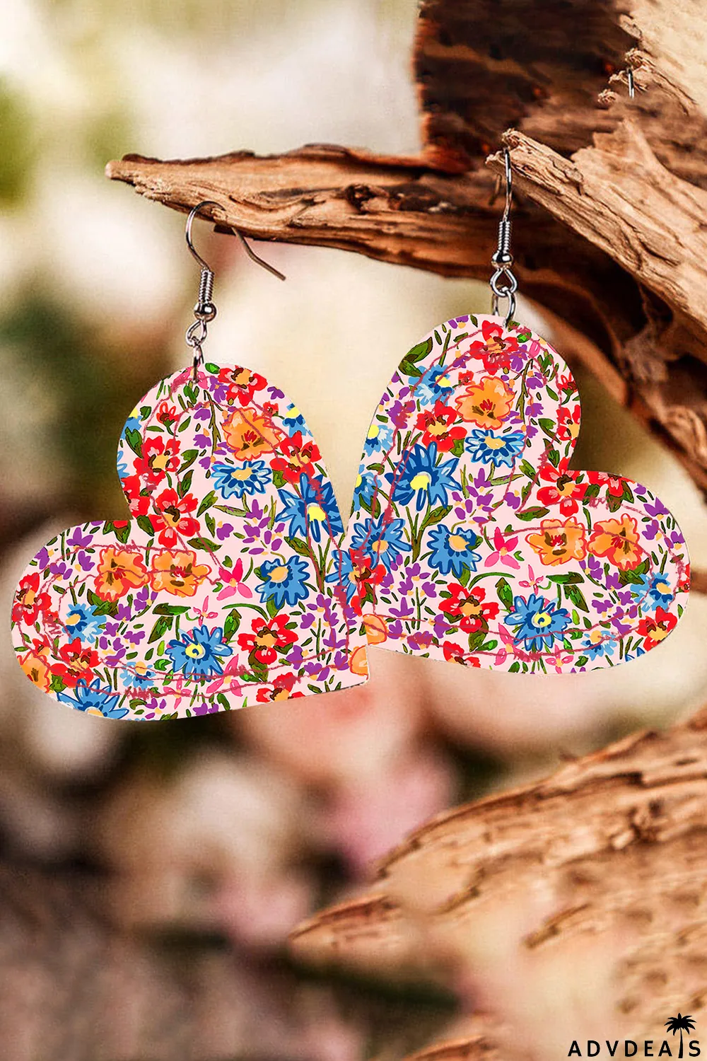 Multicolor Floral Print Heart Pendant Hook Earrings
