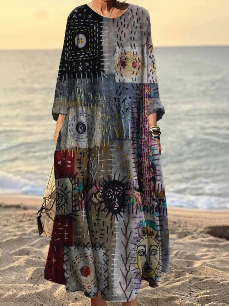 Utbros Vintage Stitching Geometric Pattern Women's Linen Maxi Dress