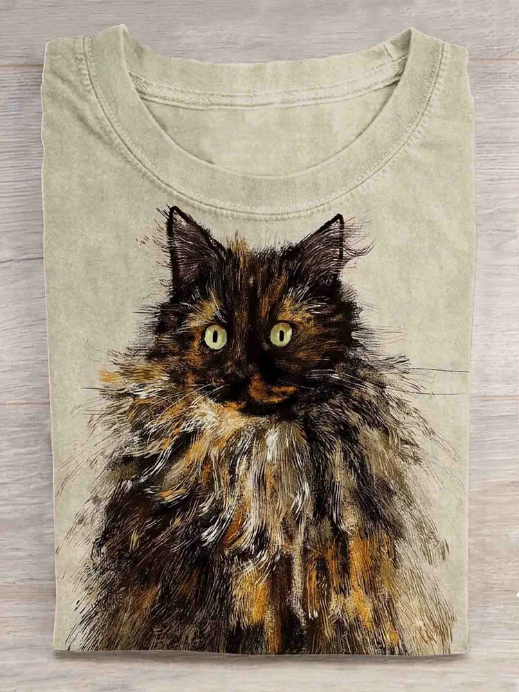Brown Cat Art Print Casual T-Shirt - Solid socialshop