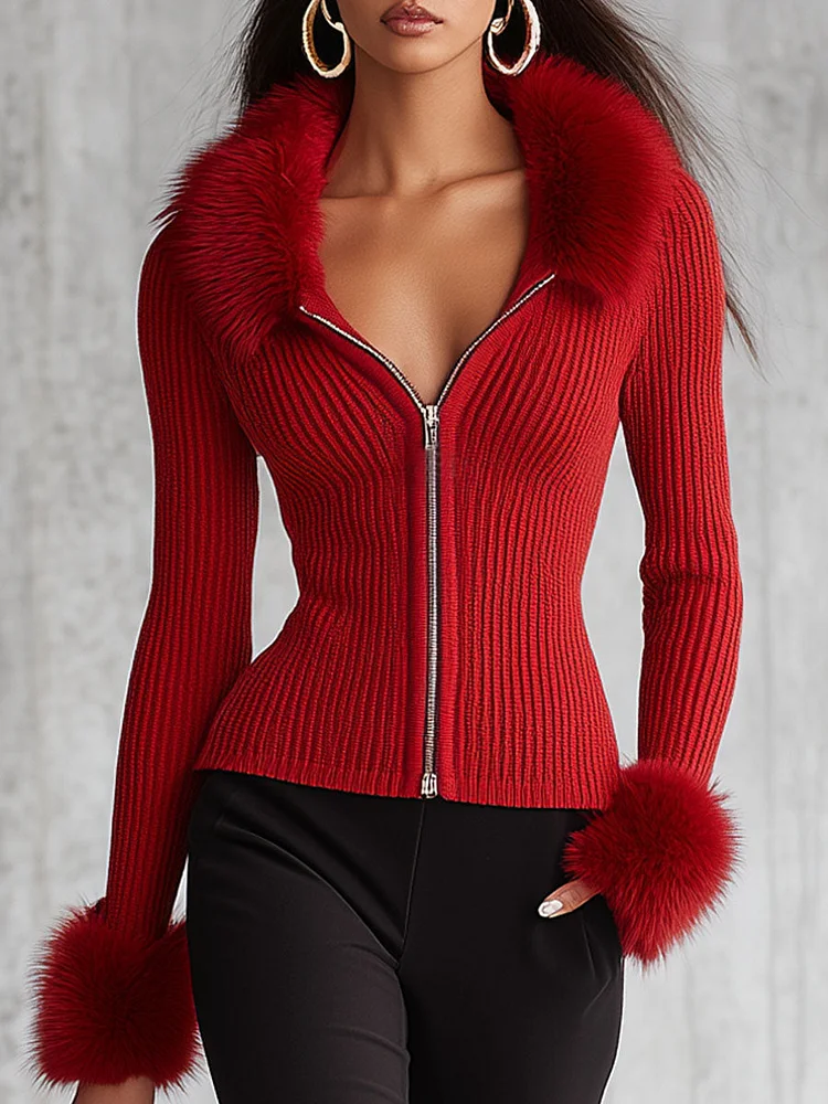 【24-hour shipping out】Lapel Zipper Faux Fur Collar Knitted Cardigan