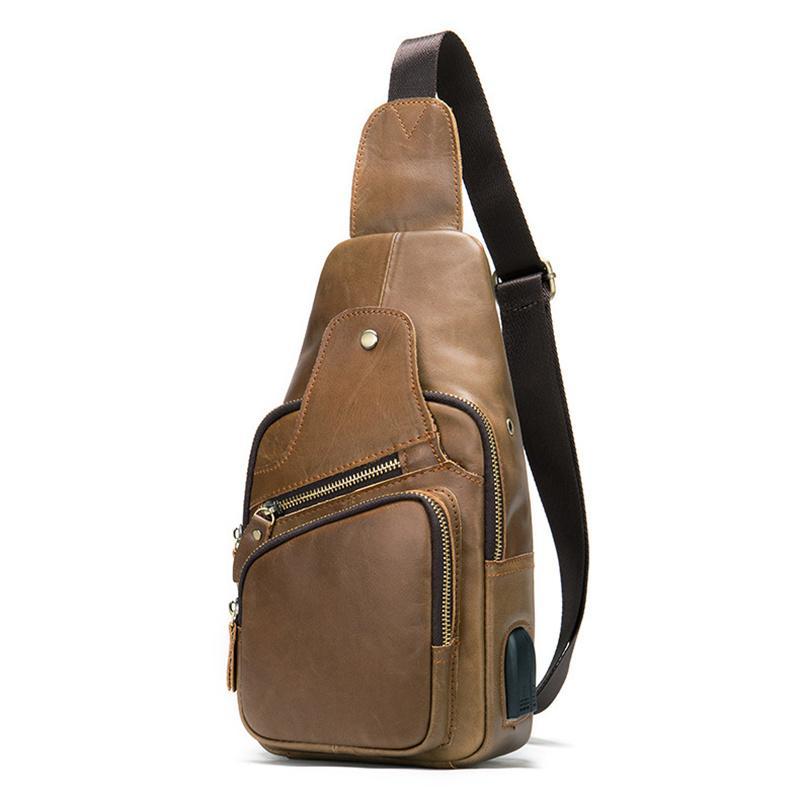 Men's Chest Bag Fashion Casual Leather Crossbody Bag With Earphone Hole And Usb Charging Port