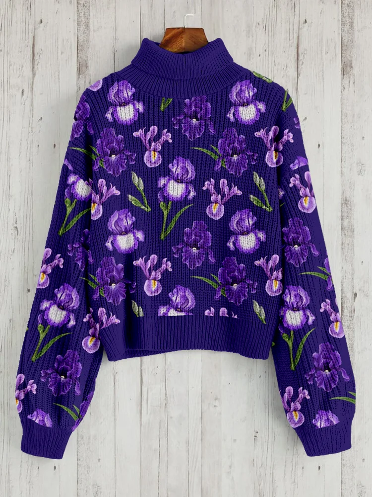 Utbros Purple Irises Art Pattern Cozy Knit Sweater