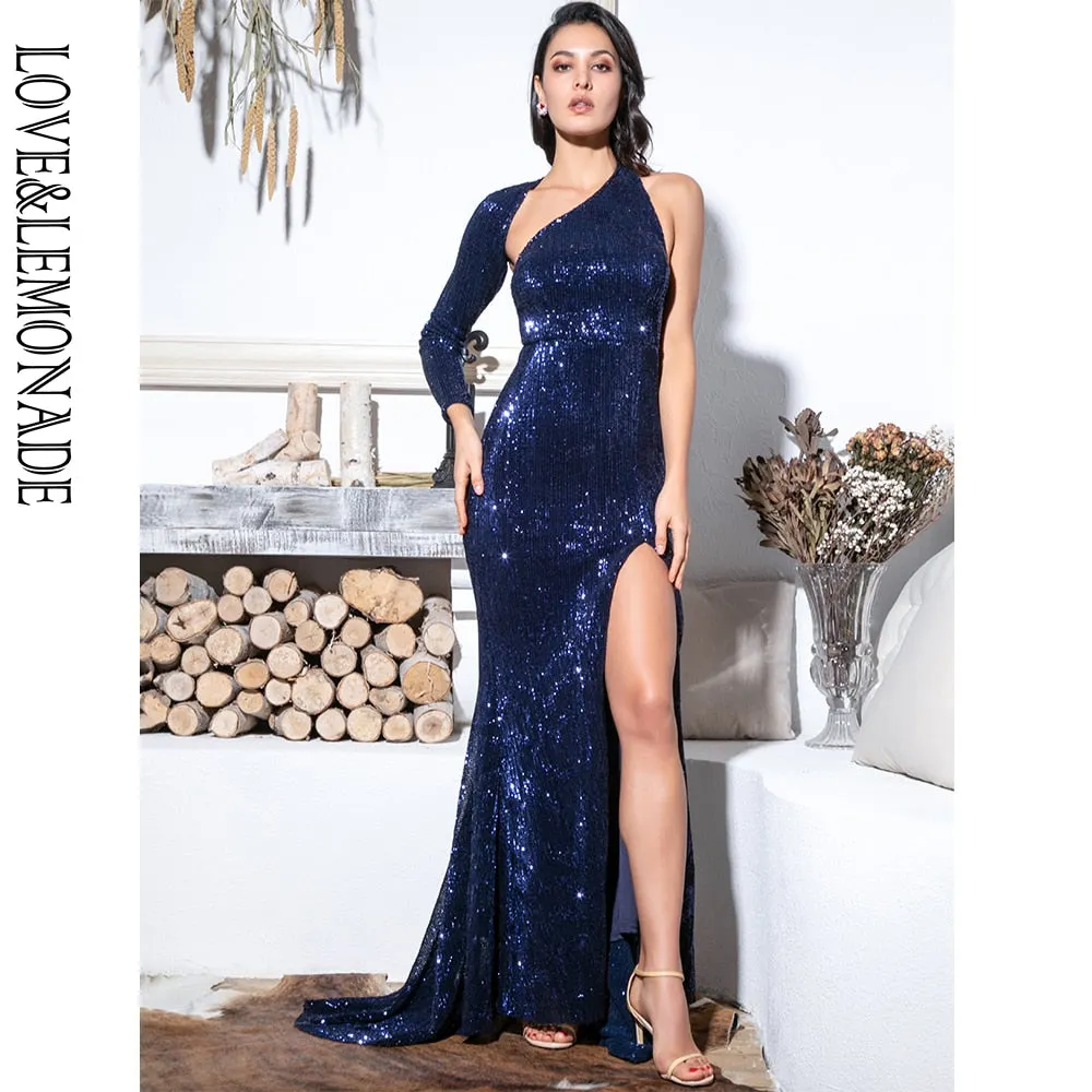 LoveLemonade Sexy Open Back Single Sleeve Slim Fit Elastic Sequined Fabric Bodycon Going