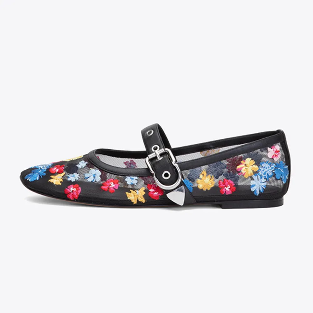 Black Mesh Square Toe Flat Mary Jane Shoes with Colorful Flowers