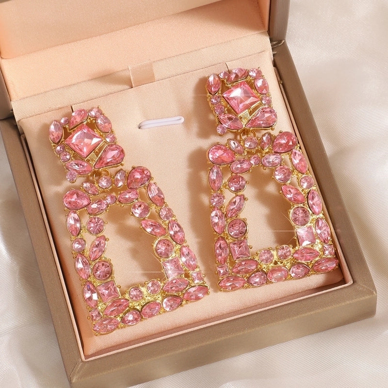 1 Pair Exaggerated Commute Shiny Rectangle Hollow Out Inlay Alloy Acrylic Rhinestones 18K Gold Plated Drop Earrings