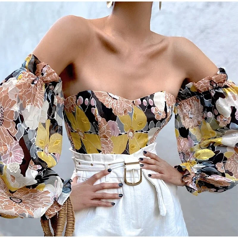 wsevypo Chic Women Floral Off Shoulder Blouse Tops Sexy Frill Long Lantern Sleeve Strapless Corset Tops Fashion Slim Fit Tops