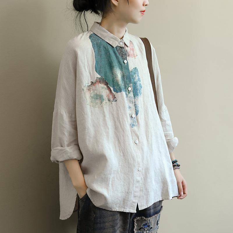 Long Sleeve Loose Vintage Print Cotton Linen Casual Tops